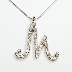 Initial M Pendant Necklace Clear Rhinestone Script Letter Silvertone